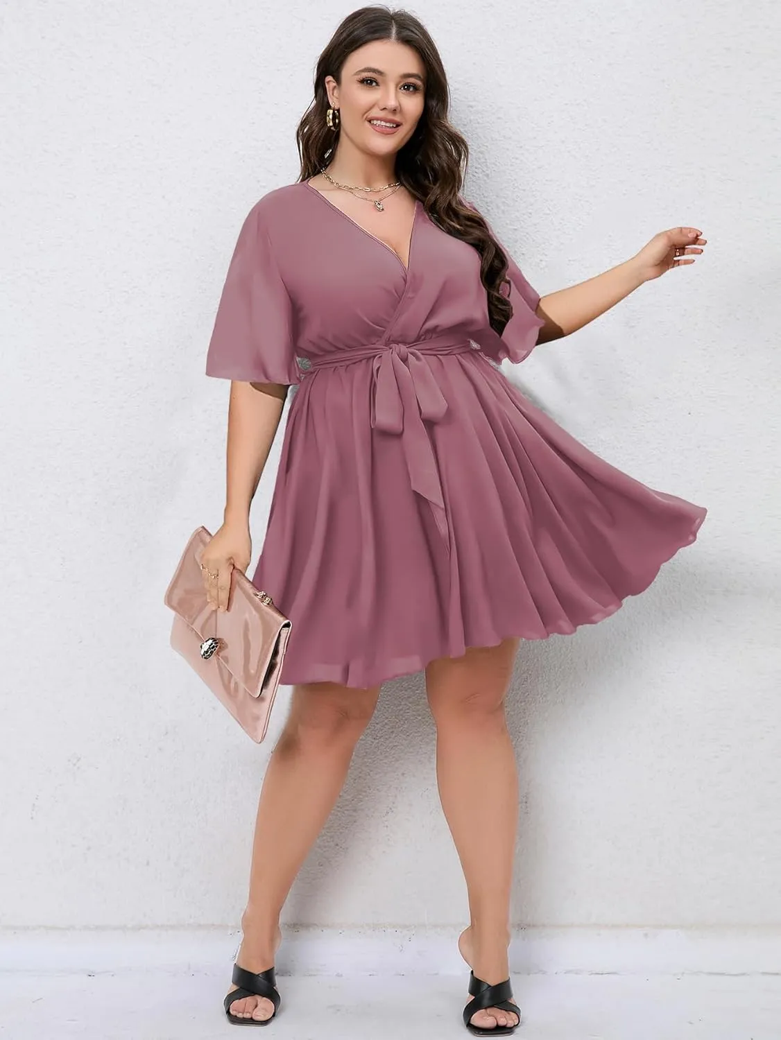 SCOMCHIC Women's Plus Size Summer Dresses Short Sleeve Wrap V Neck A Line Skater Mini Short Dress XL-4XL