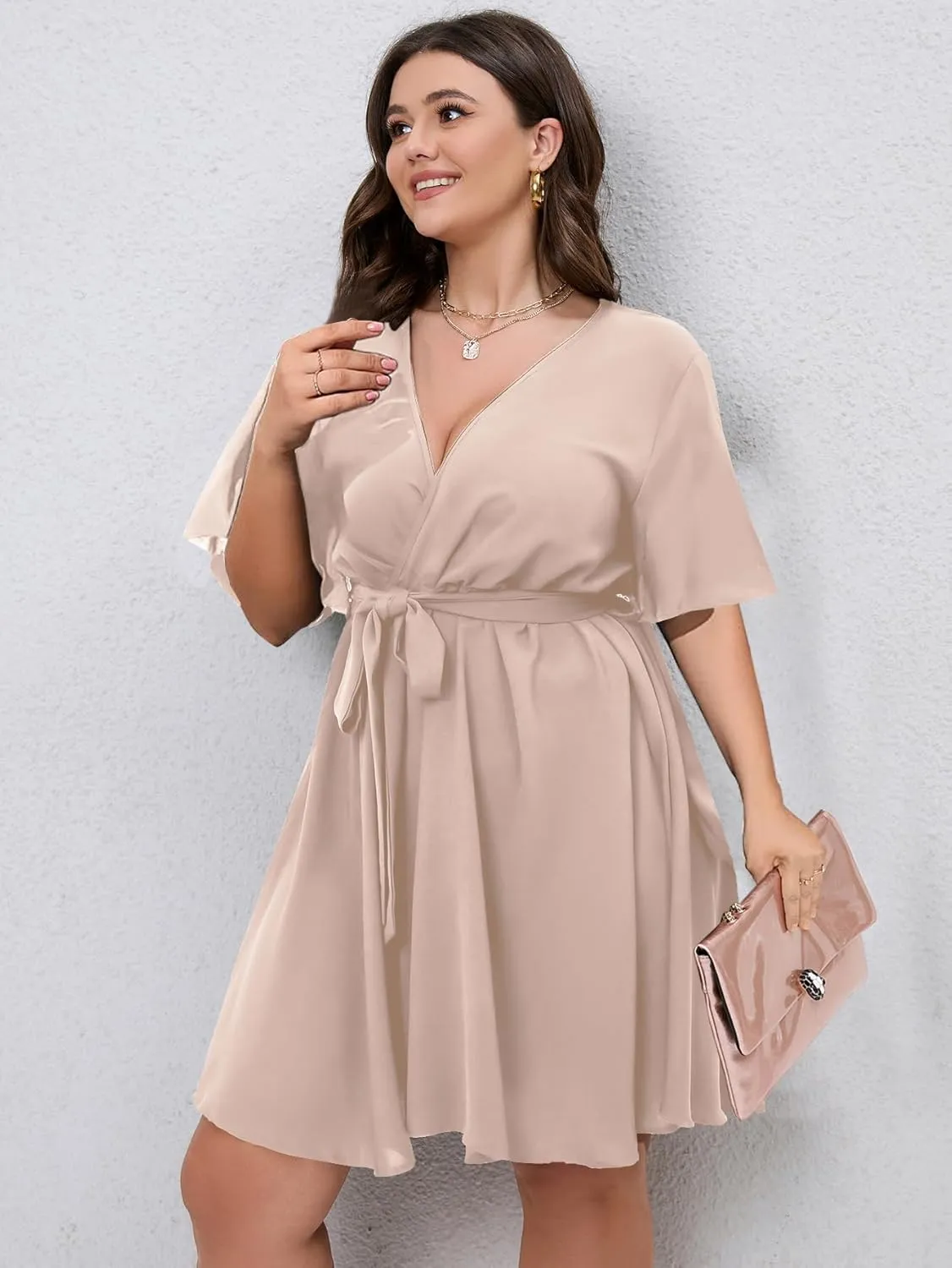 SCOMCHIC Women's Plus Size Summer Dresses Short Sleeve Wrap V Neck A Line Skater Mini Short Dress XL-4XL