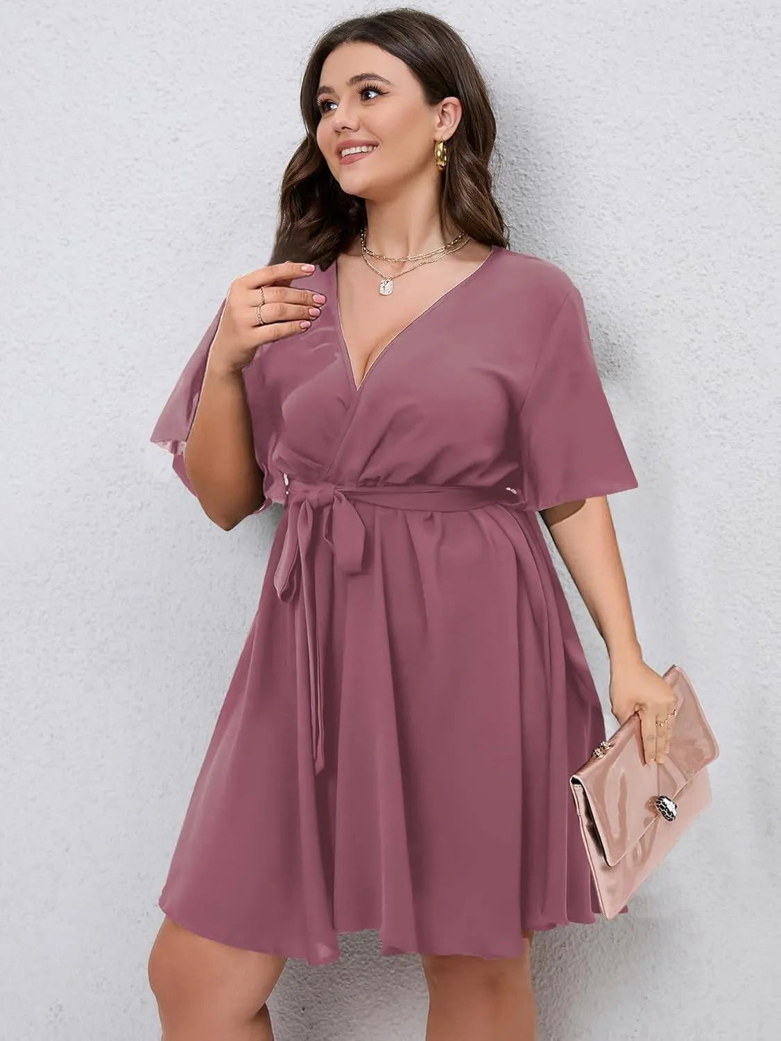SCOMCHIC Women's Plus Size Summer Dresses Short Sleeve Wrap V Neck A Line Skater Mini Short Dress XL-4XL