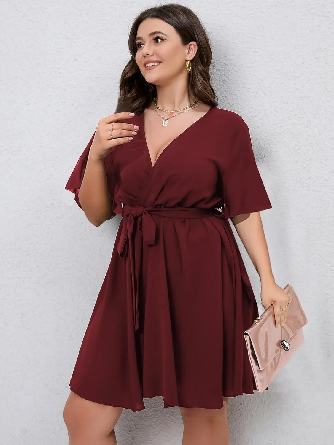 SCOMCHIC Women's Plus Size Summer Dresses Short Sleeve Wrap V Neck A Line Skater Mini Short Dress XL-4XL
