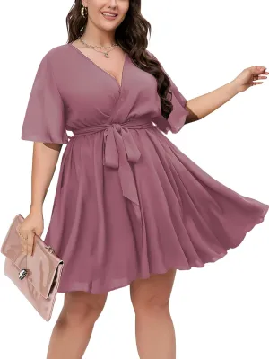 SCOMCHIC Women's Plus Size Summer Dresses Short Sleeve Wrap V Neck A Line Skater Mini Short Dress XL-4XL