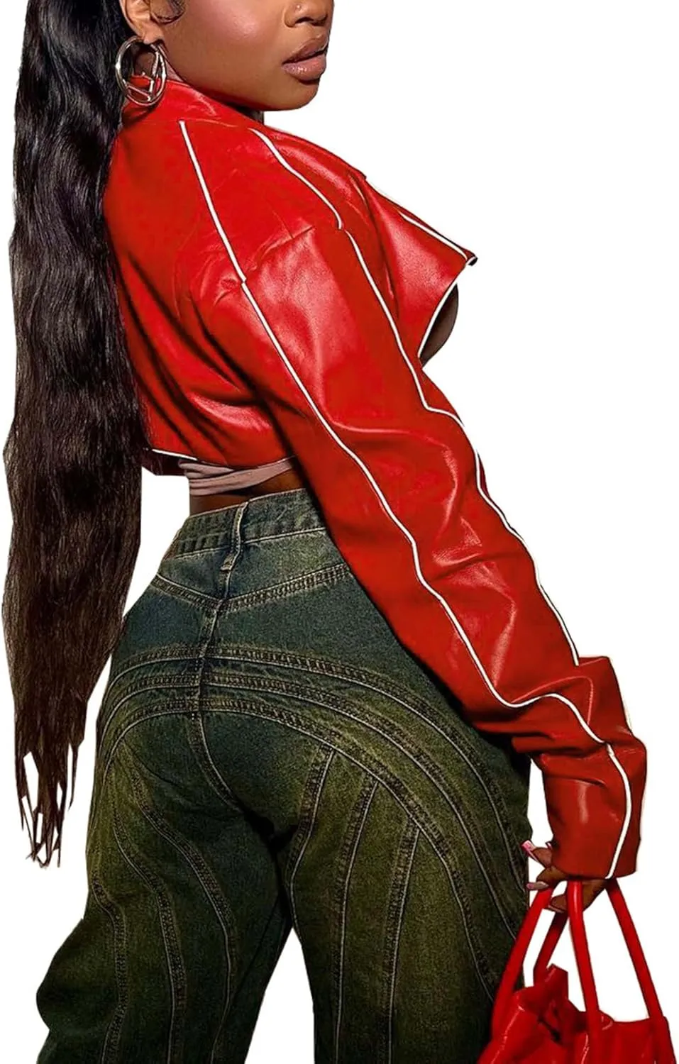 SEMATOMALA Women's Mock Neck PU Leather Crop Jacket Shrug Moto Biker Zip Up Faux Leather Slim Bolero Coat