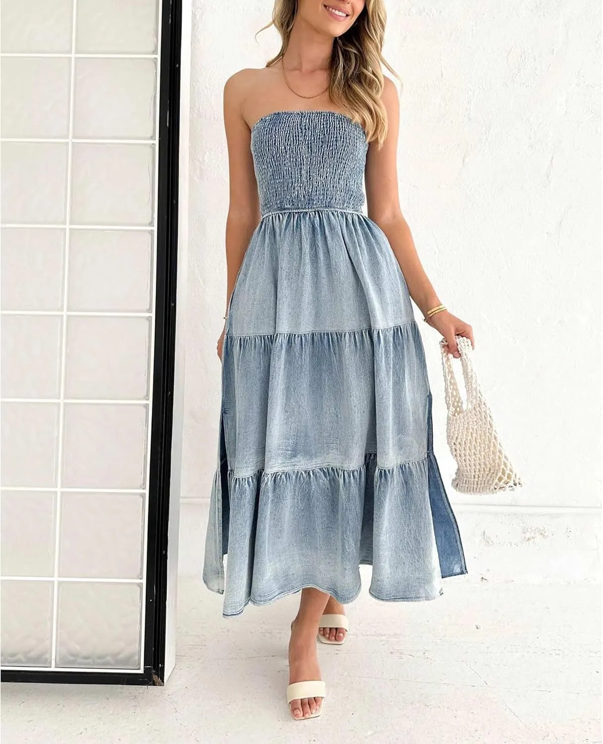 SEMATOMALA Women's Strapless Flowy A Line Ruffle Denim Dress Smocked Tube Top Off Shoulder Tiered Bandeau Jean Maxi Dress