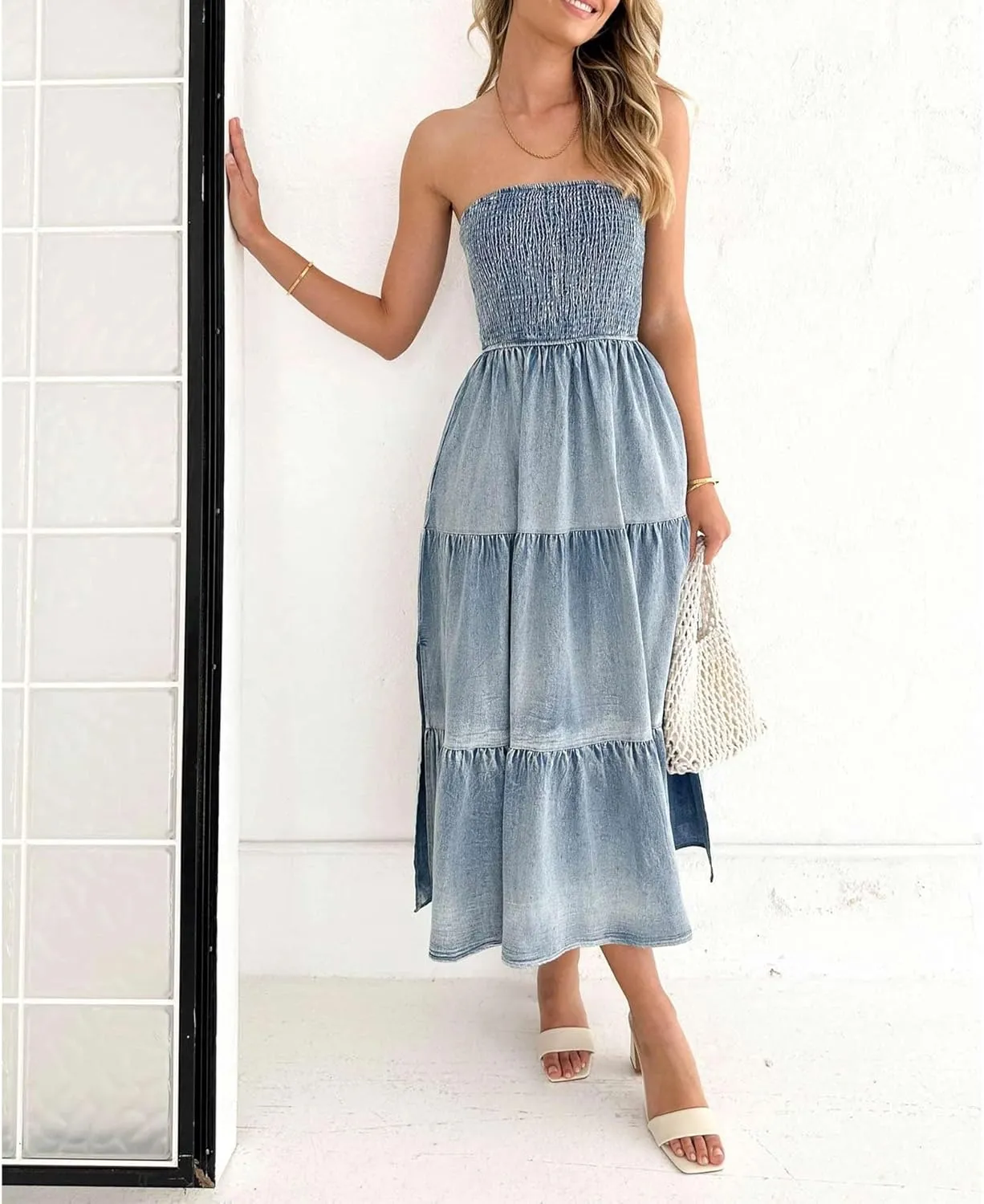 SEMATOMALA Women's Strapless Flowy A Line Ruffle Denim Dress Smocked Tube Top Off Shoulder Tiered Bandeau Jean Maxi Dress