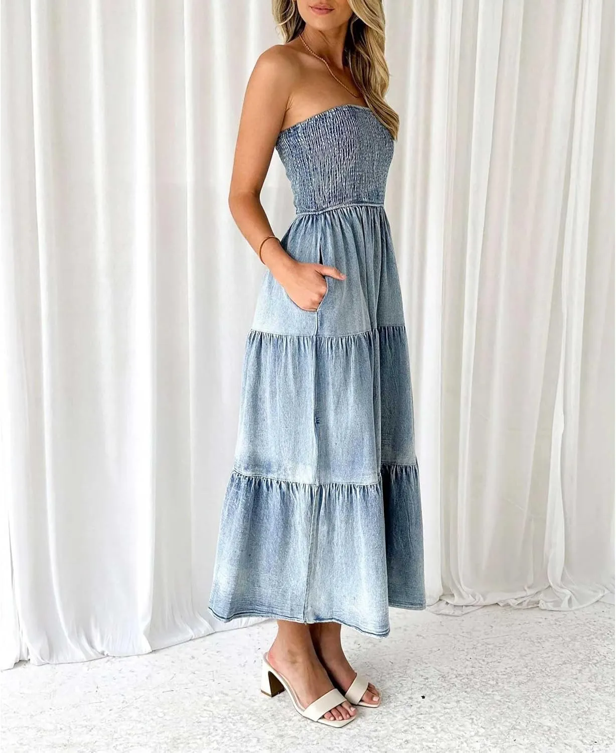 SEMATOMALA Women's Strapless Flowy A Line Ruffle Denim Dress Smocked Tube Top Off Shoulder Tiered Bandeau Jean Maxi Dress