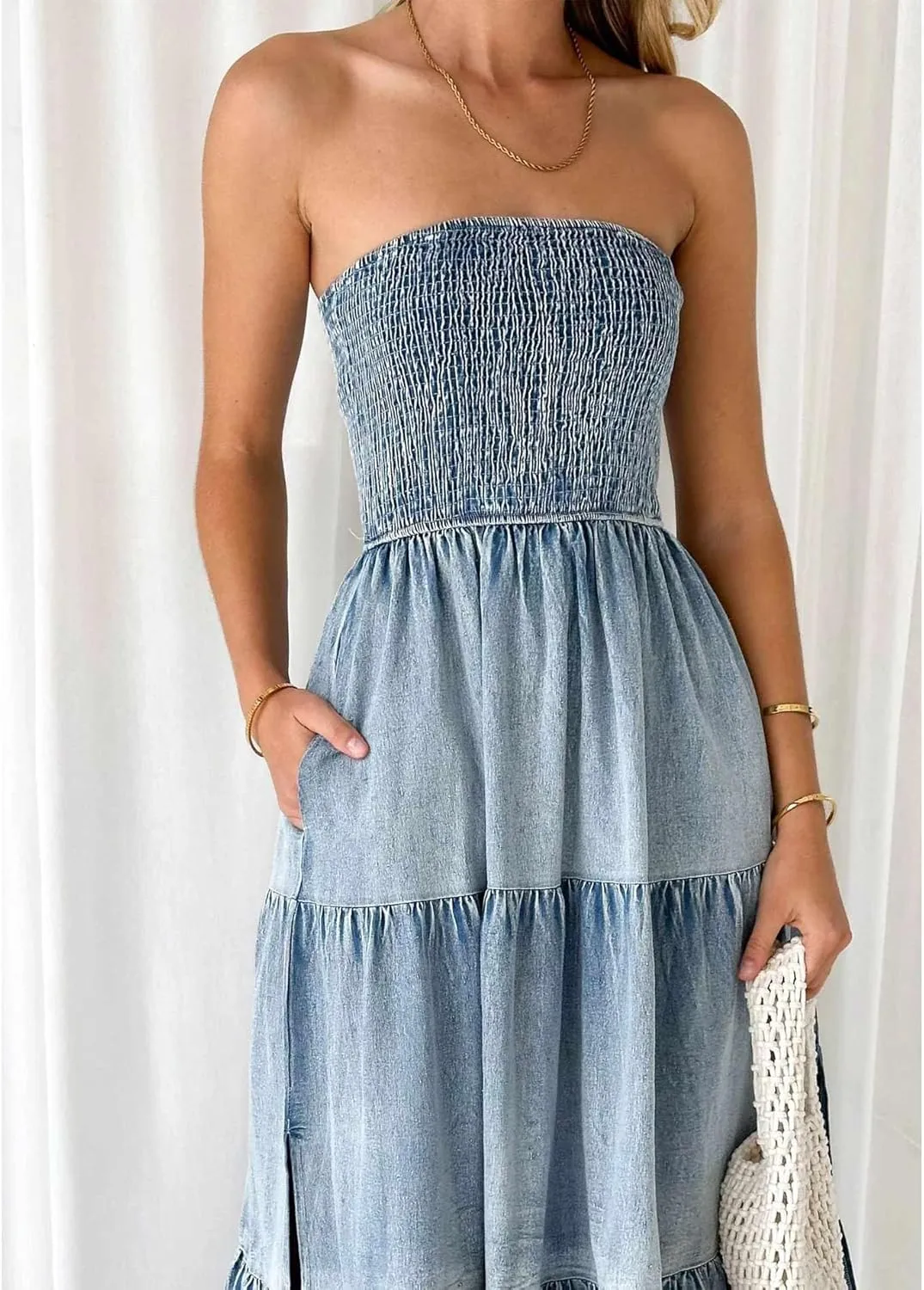 SEMATOMALA Women's Strapless Flowy A Line Ruffle Denim Dress Smocked Tube Top Off Shoulder Tiered Bandeau Jean Maxi Dress