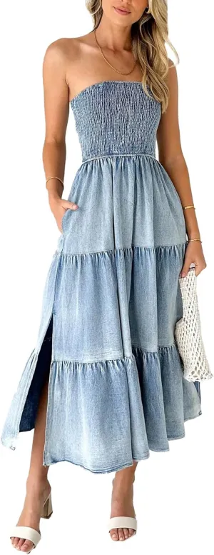 SEMATOMALA Women's Strapless Flowy A Line Ruffle Denim Dress Smocked Tube Top Off Shoulder Tiered Bandeau Jean Maxi Dress