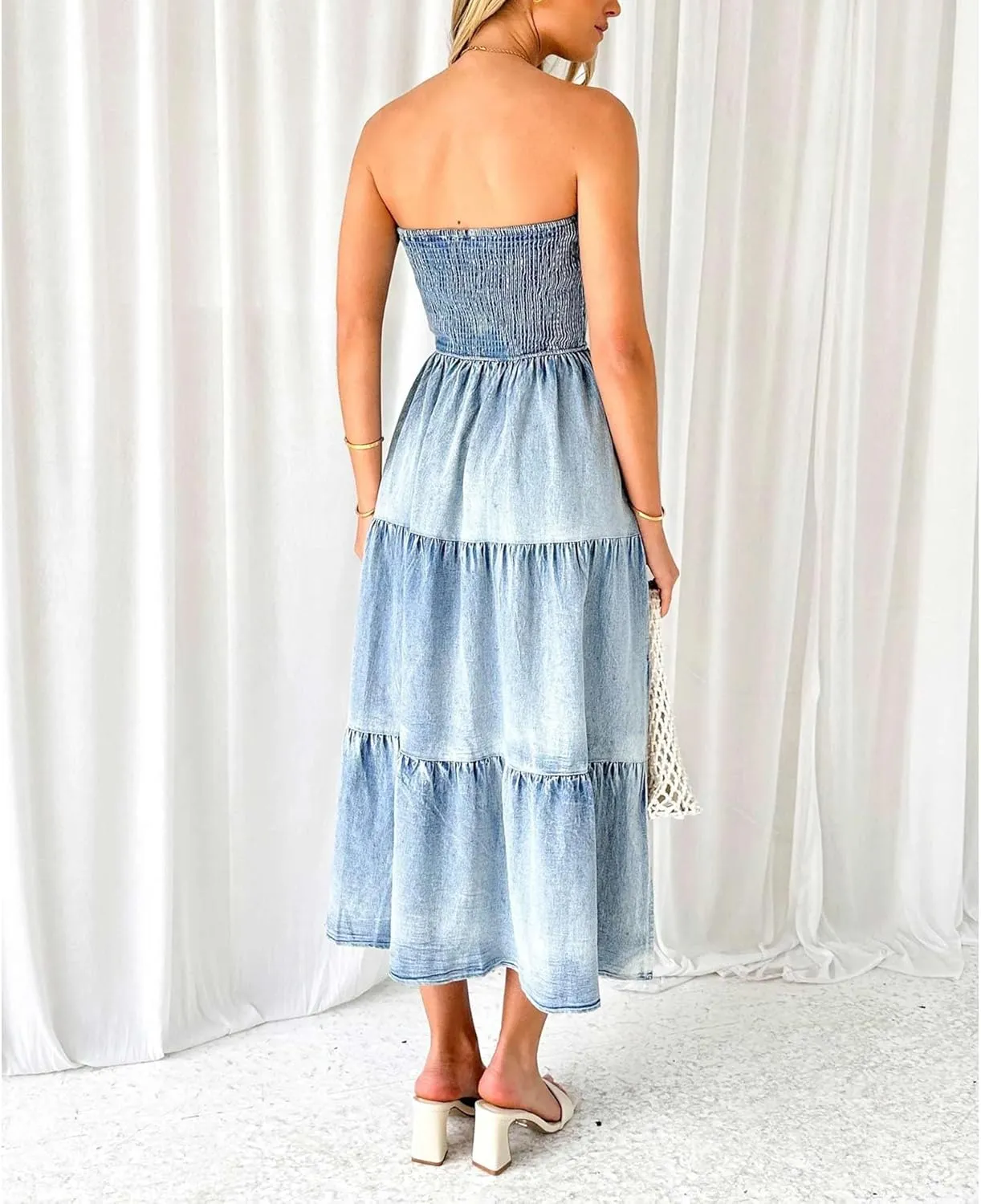 SEMATOMALA Women's Strapless Flowy A Line Ruffle Denim Dress Smocked Tube Top Off Shoulder Tiered Bandeau Jean Maxi Dress