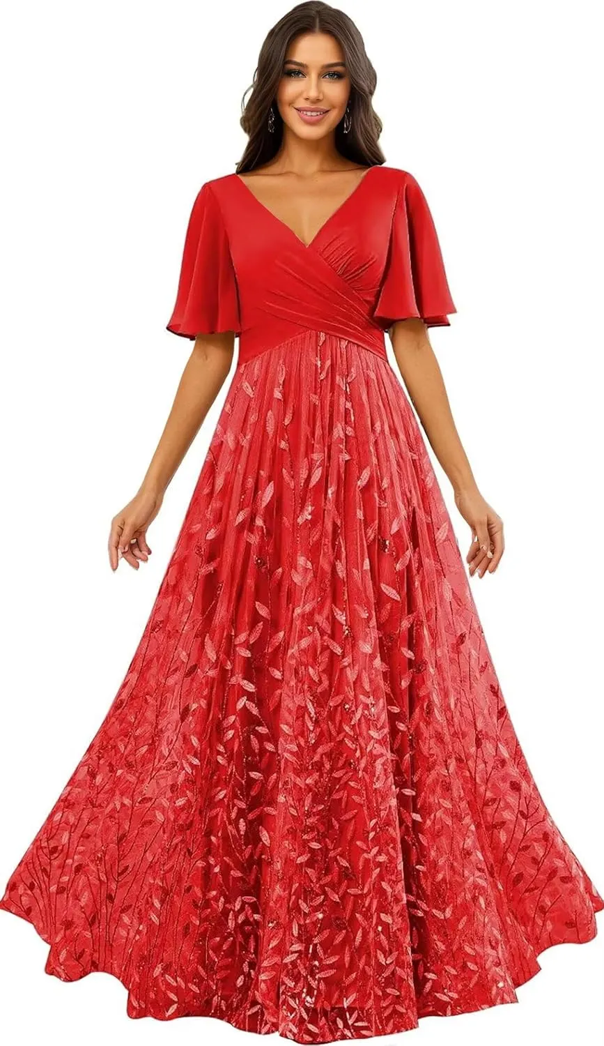 Sequin Prom Dress 2025 Long Tulle Lace Short Sleeve Formal Evening Gown for Women A Line V Neck Bridesmaid Dresses