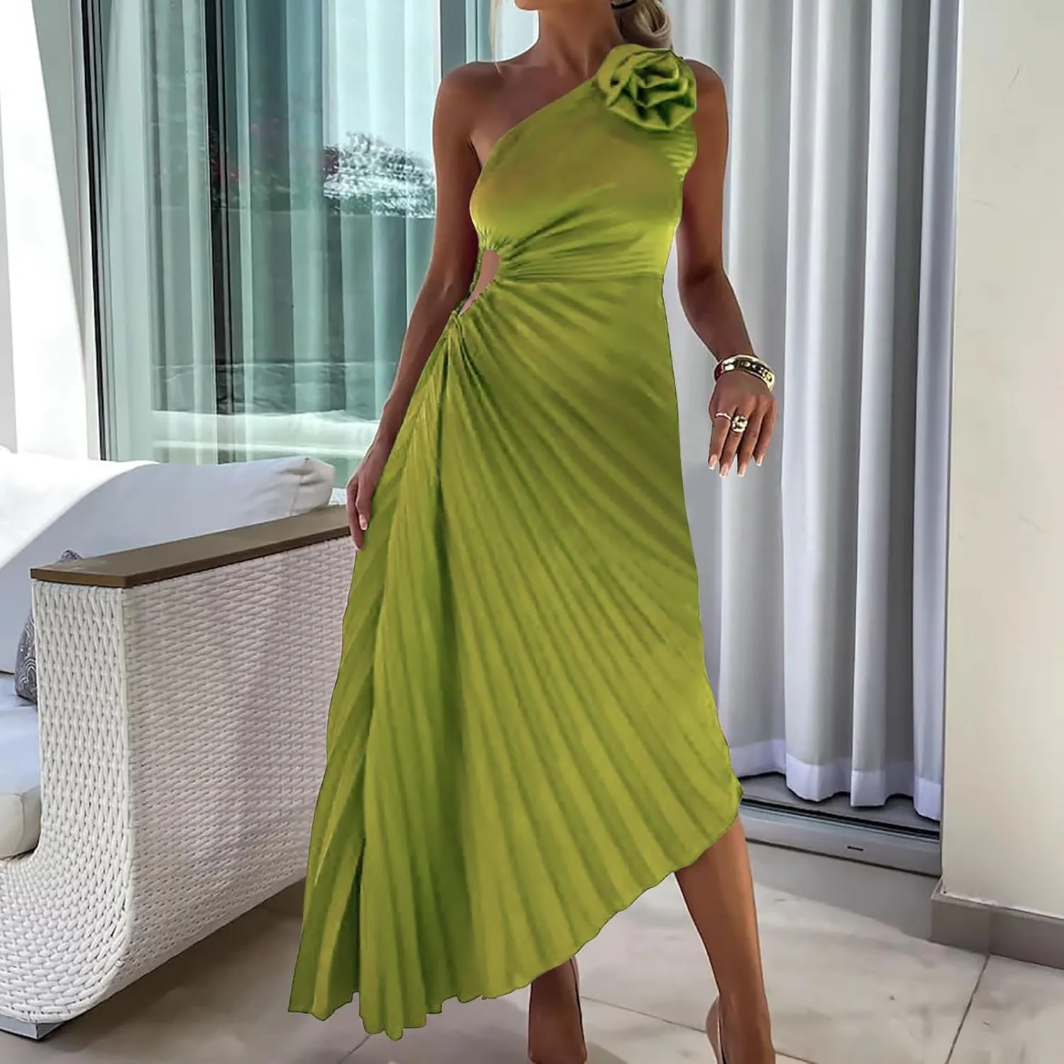 Sexy Dresses for Women Floral Print one Shoulder Dress Ruffle Irregular Swing Hem Long Dress Cocktail Party Dresses