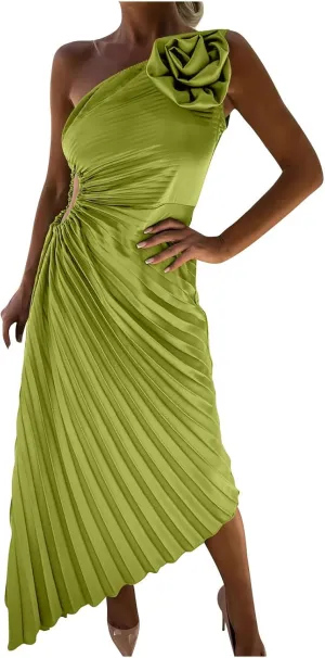 Sexy Dresses for Women Floral Print one Shoulder Dress Ruffle Irregular Swing Hem Long Dress Cocktail Party Dresses