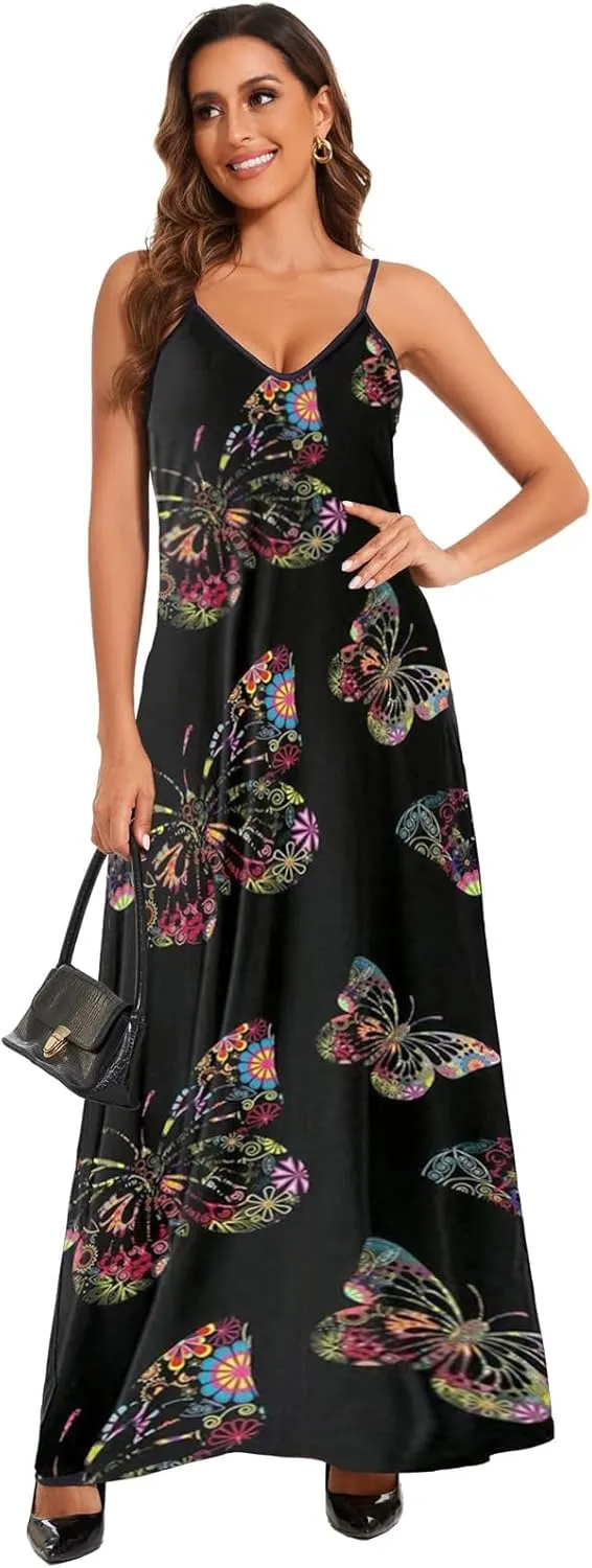 shengfan Plus Size Maxi Dresses Sundress for Women Loose Printed Adjustable African Beach Dress with Pockets