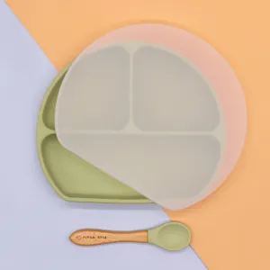 Silicone Non-Slip Base Divided Plate With Lid & Spoon (Sage Green)