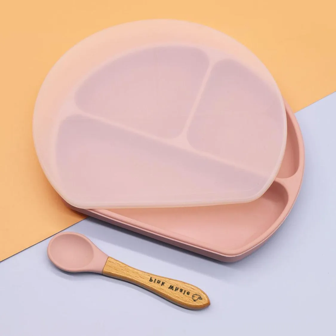 Silicone Non Suction Divided Plate With Lid (Baby Pink)