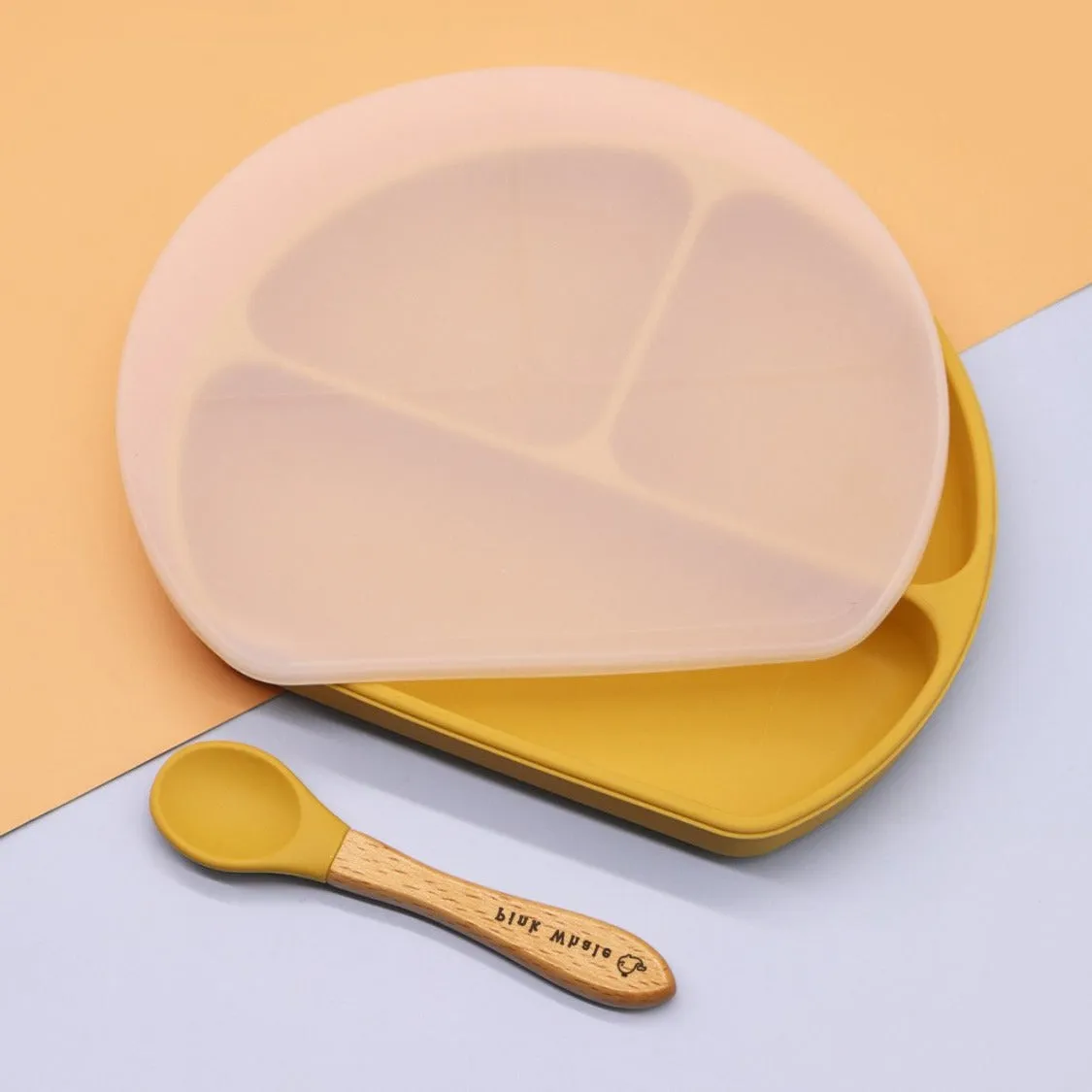 Silicone Non Suction Divided Plate With Lid (Mustard)