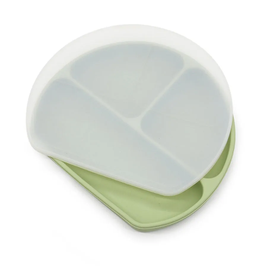 Silicone Non Suction Divided Plate With Lid (Sage Green)