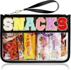 Snack Bag for Travel - Clear Chenille Varsity Letter Flat Pouch with Zipper, Waterproof Clear Nylon Preppy Patch Makeup Cosmetic tote Bags for Women Girls