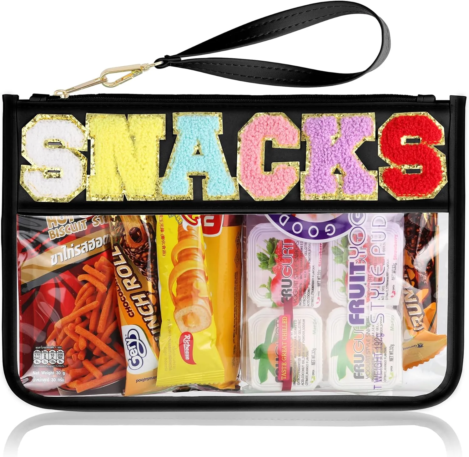 Snack Bag for Travel - Clear Chenille Varsity Letter Flat Pouch with Zipper, Waterproof Clear Nylon Preppy Patch Makeup Cosmetic tote Bags for Women Girls
