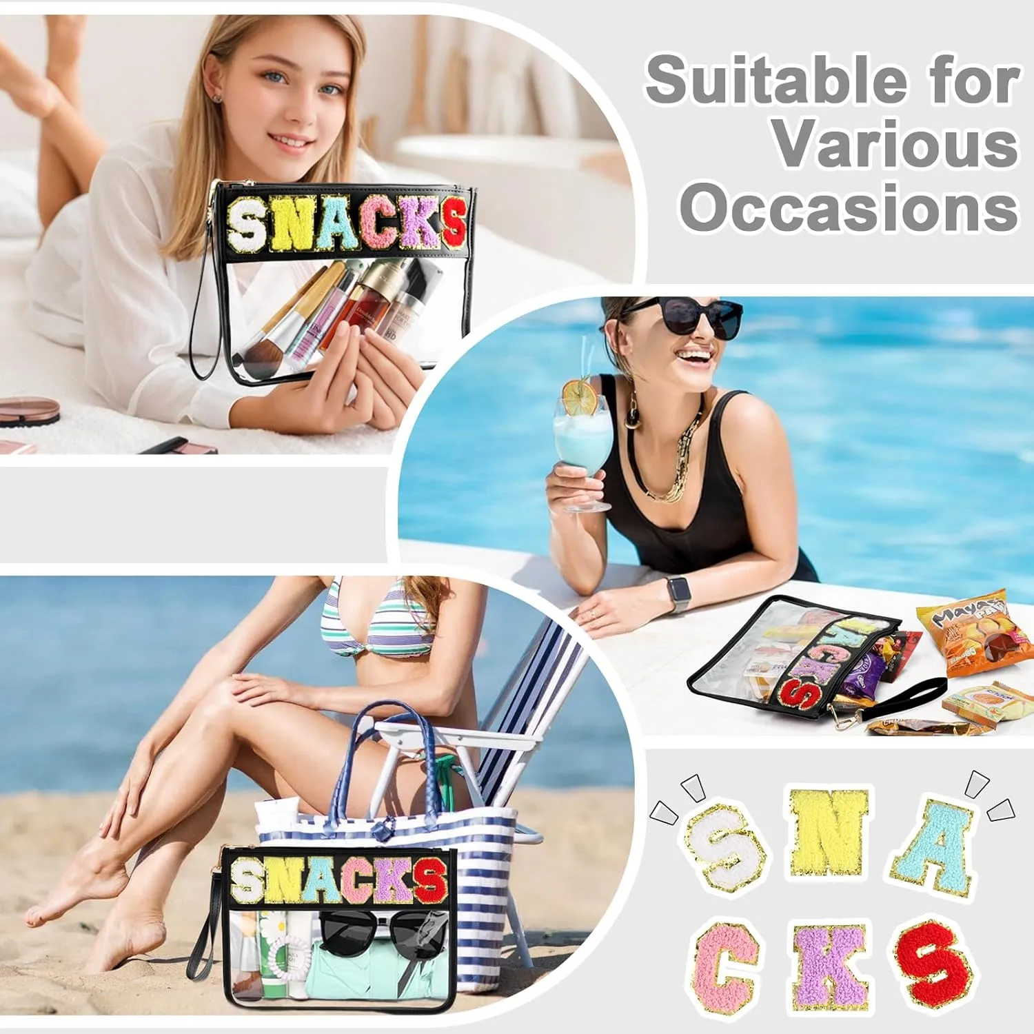 Snack Bag for Travel - Clear Chenille Varsity Letter Flat Pouch with Zipper, Waterproof Clear Nylon Preppy Patch Makeup Cosmetic tote Bags for Women Girls