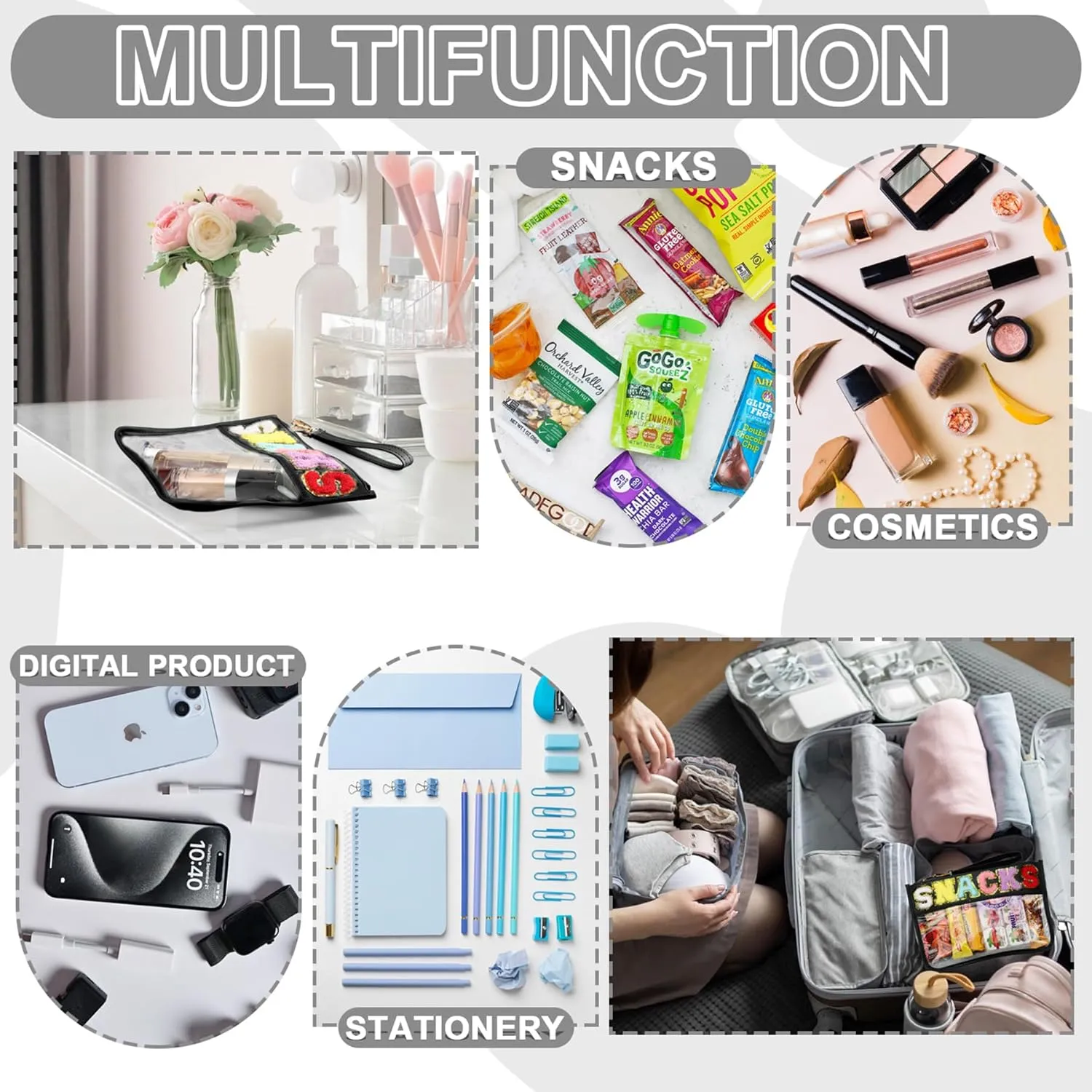 Snack Bag for Travel - Clear Chenille Varsity Letter Flat Pouch with Zipper, Waterproof Clear Nylon Preppy Patch Makeup Cosmetic tote Bags for Women Girls