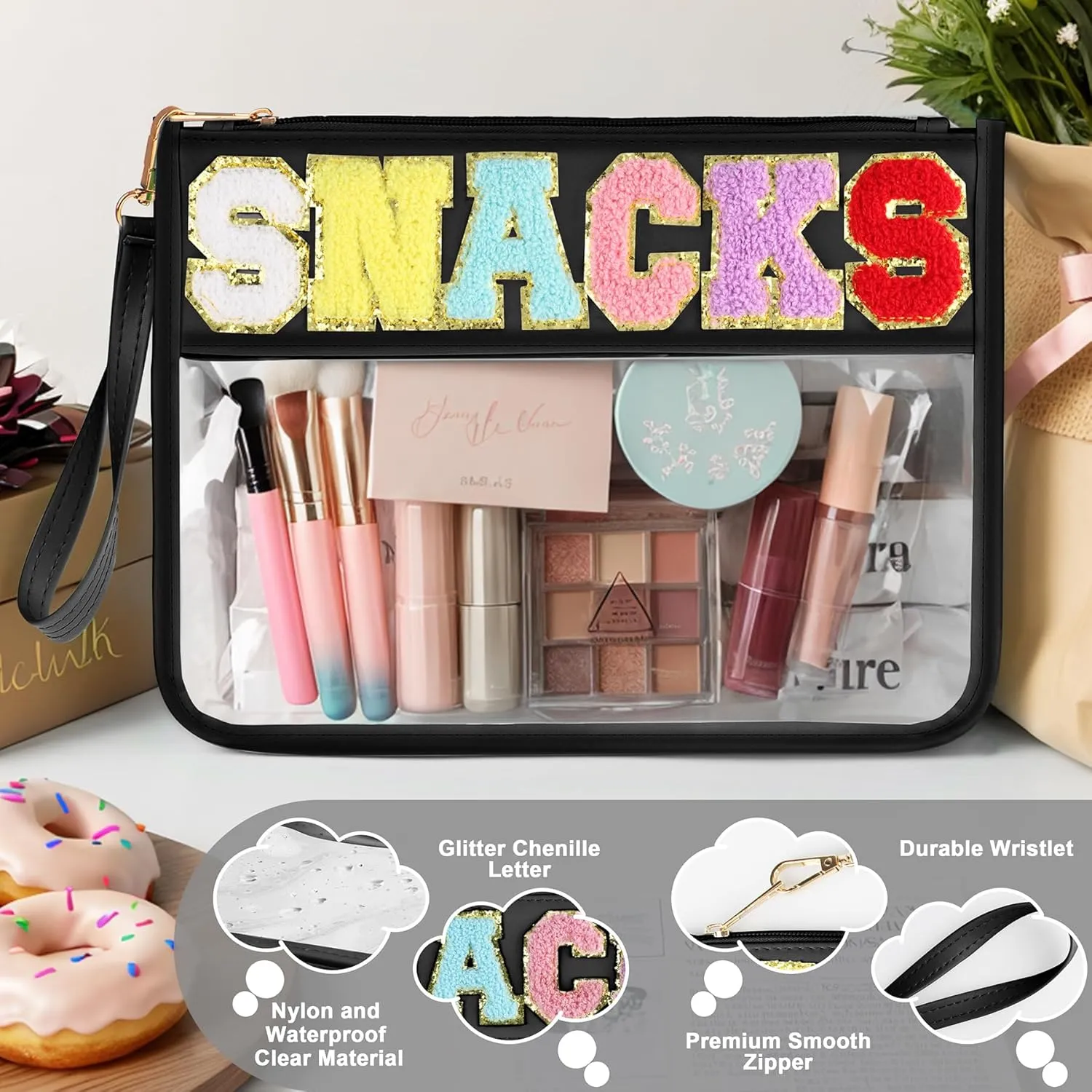 Snack Bag for Travel - Clear Chenille Varsity Letter Flat Pouch with Zipper, Waterproof Clear Nylon Preppy Patch Makeup Cosmetic tote Bags for Women Girls