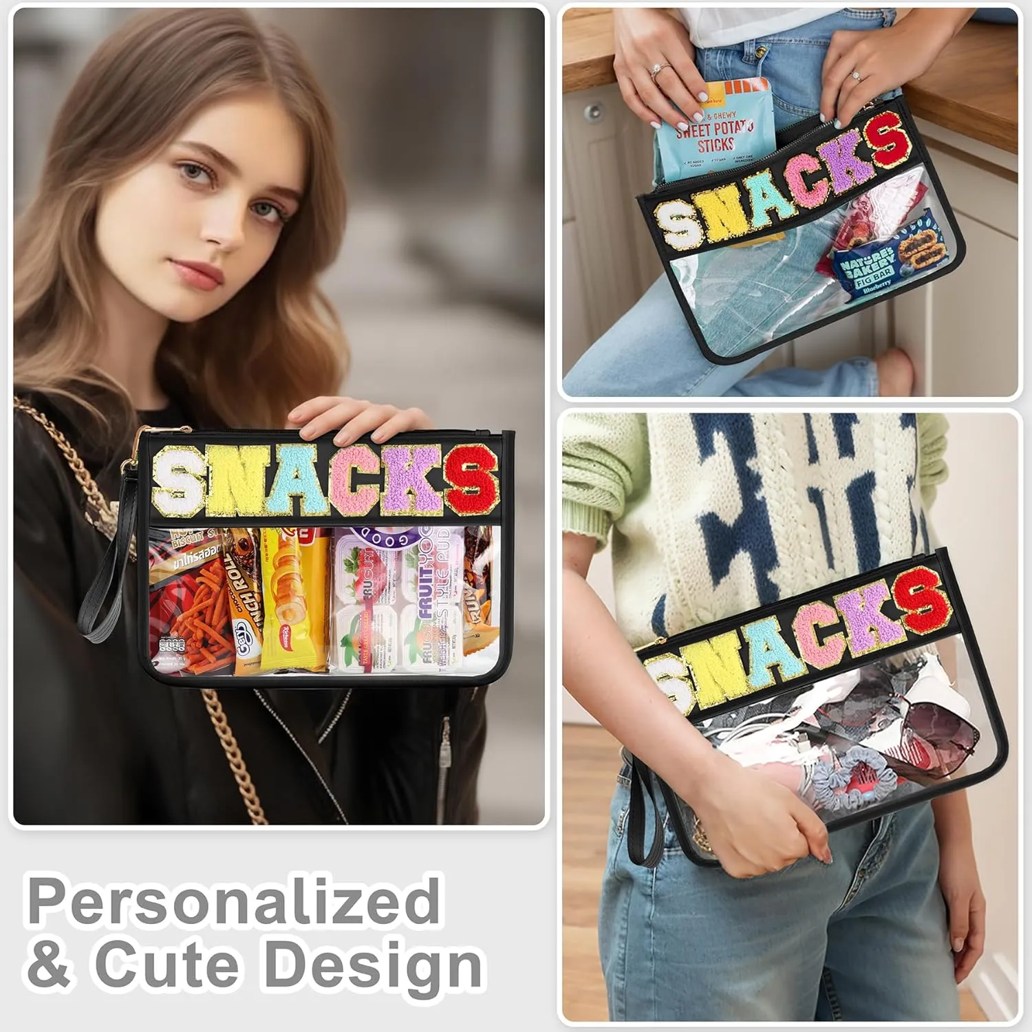 Snack Bag for Travel - Clear Chenille Varsity Letter Flat Pouch with Zipper, Waterproof Clear Nylon Preppy Patch Makeup Cosmetic tote Bags for Women Girls