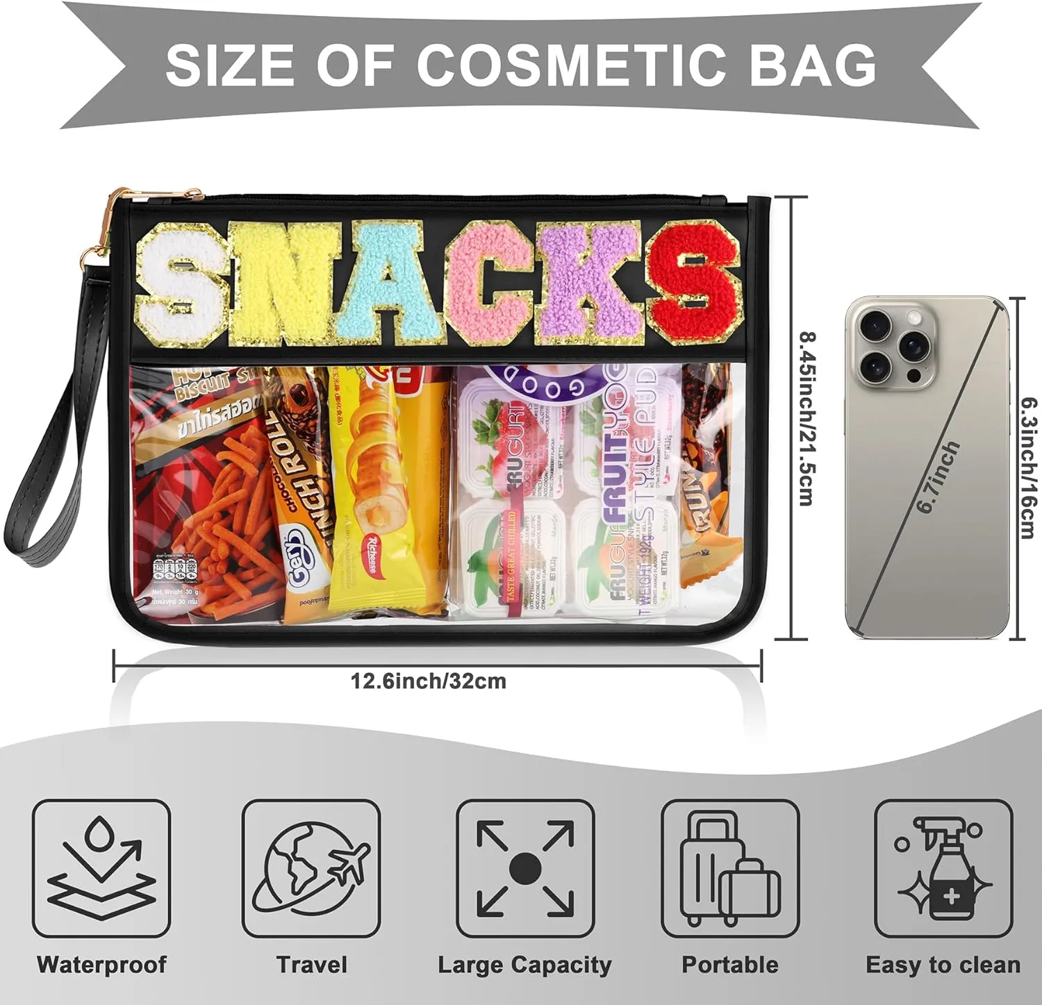 Snack Bag for Travel - Clear Chenille Varsity Letter Flat Pouch with Zipper, Waterproof Clear Nylon Preppy Patch Makeup Cosmetic tote Bags for Women Girls