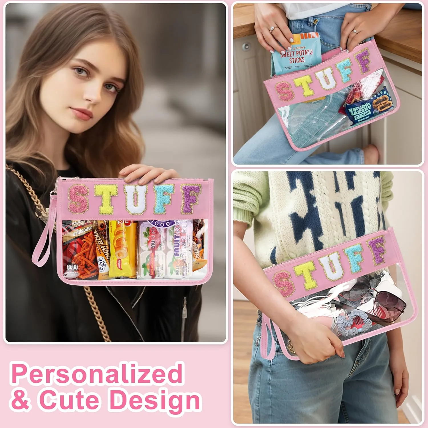 Snack Bag for Travel - Clear Chenille Varsity Letter Flat Pouch with Zipper, Waterproof Clear PVC&PU Preppy Patch Makeup Cosmetic tote Bags for Women (Pink-Stuff)