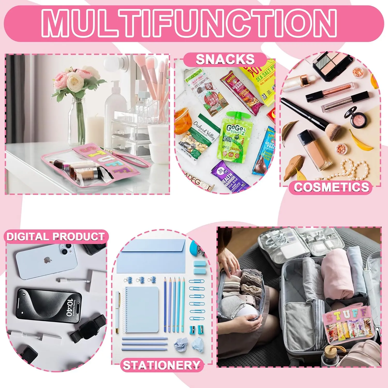 Snack Bag for Travel - Clear Chenille Varsity Letter Flat Pouch with Zipper, Waterproof Clear PVC&PU Preppy Patch Makeup Cosmetic tote Bags for Women (Pink-Stuff)