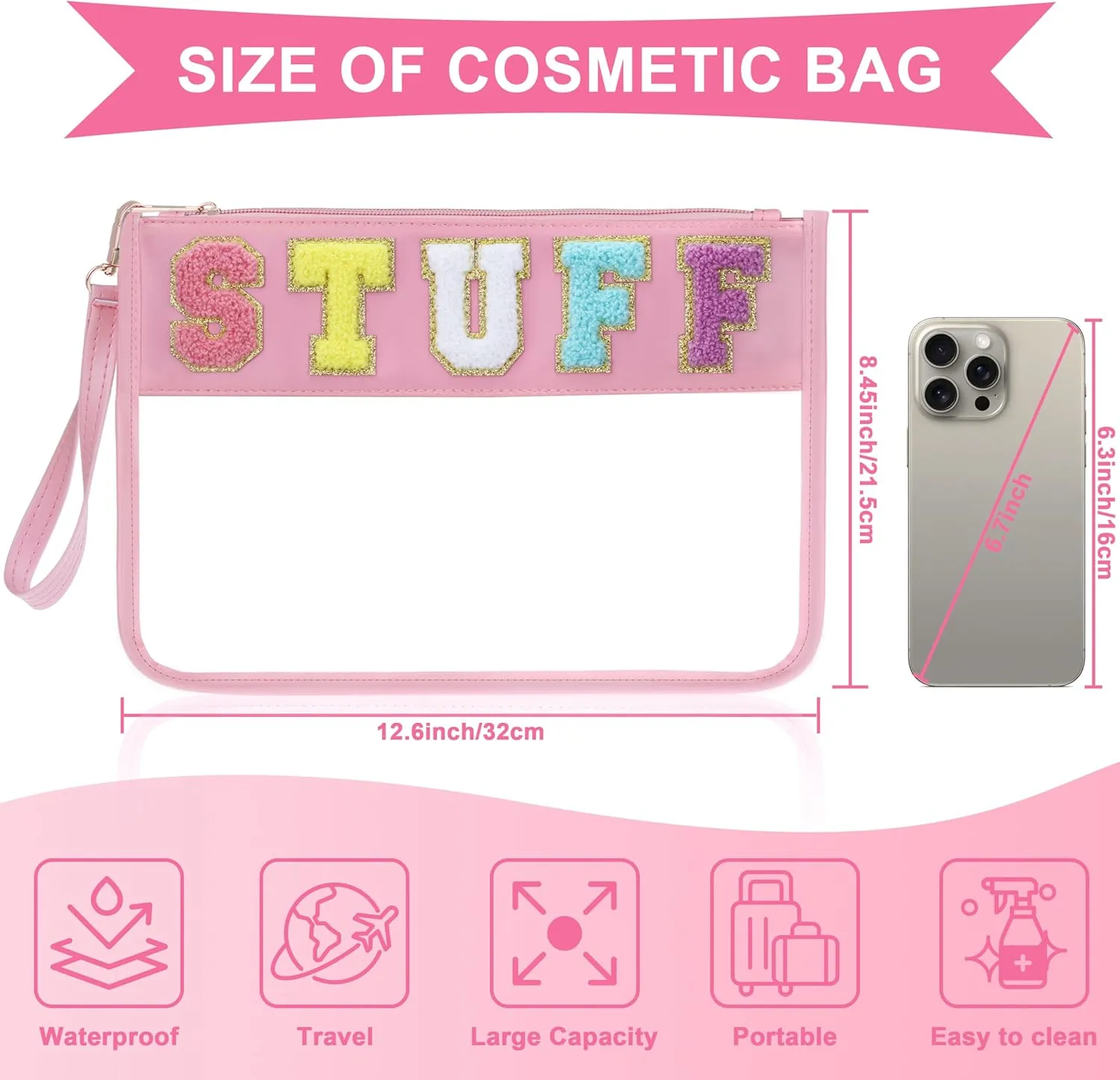 Snack Bag for Travel - Clear Chenille Varsity Letter Flat Pouch with Zipper, Waterproof Clear PVC&PU Preppy Patch Makeup Cosmetic tote Bags for Women (Pink-Stuff)