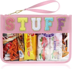 Snack Bag for Travel - Clear Chenille Varsity Letter Flat Pouch with Zipper, Waterproof Clear PVC&PU Preppy Patch Makeup Cosmetic tote Bags for Women (Pink-Stuff)