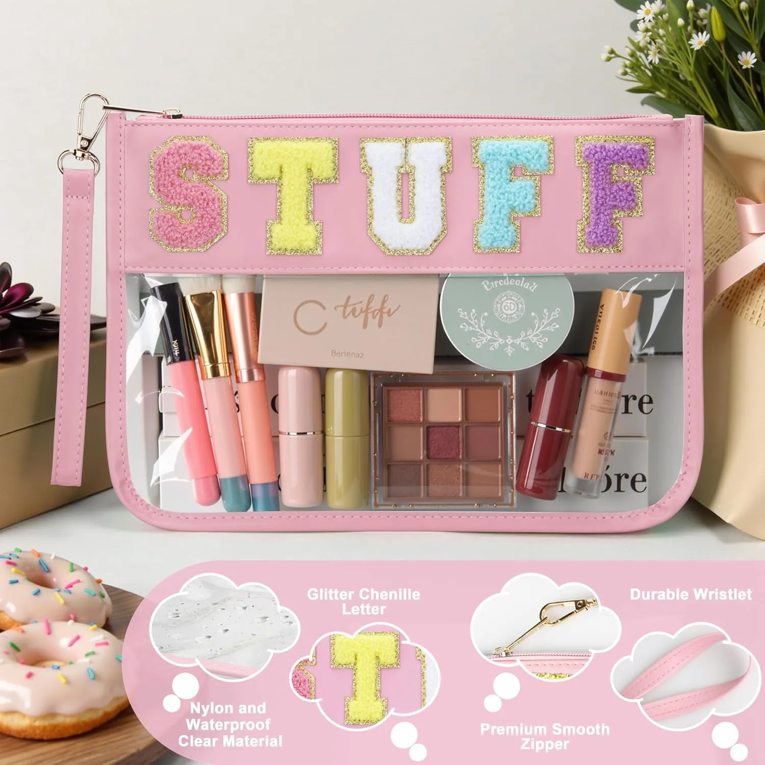 Snack Bag for Travel - Clear Chenille Varsity Letter Flat Pouch with Zipper, Waterproof Clear PVC&PU Preppy Patch Makeup Cosmetic tote Bags for Women (Pink-Stuff)