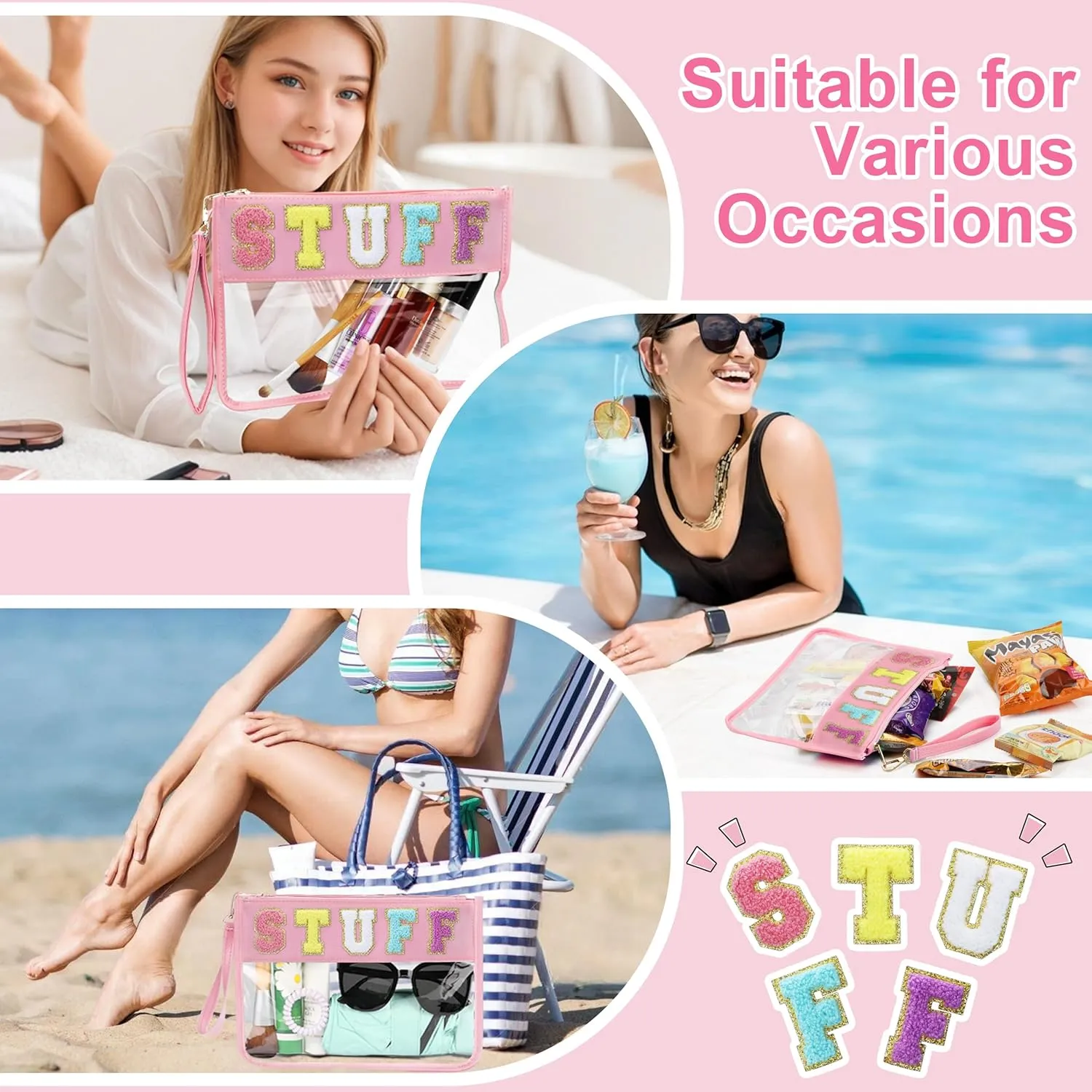 Snack Bag for Travel - Clear Chenille Varsity Letter Flat Pouch with Zipper, Waterproof Clear PVC&PU Preppy Patch Makeup Cosmetic tote Bags for Women (Pink-Stuff)