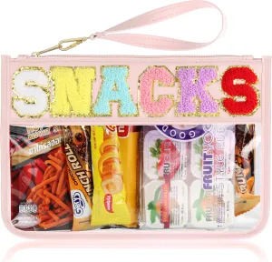 Snack Bag for Travel - Clear Chenille Varsity Letter Flat Pouch with Zipper, Waterproof Clear PVC&PU Preppy Patch Makeup Cosmetic tote Bags for Women (Pinkish-Snack)