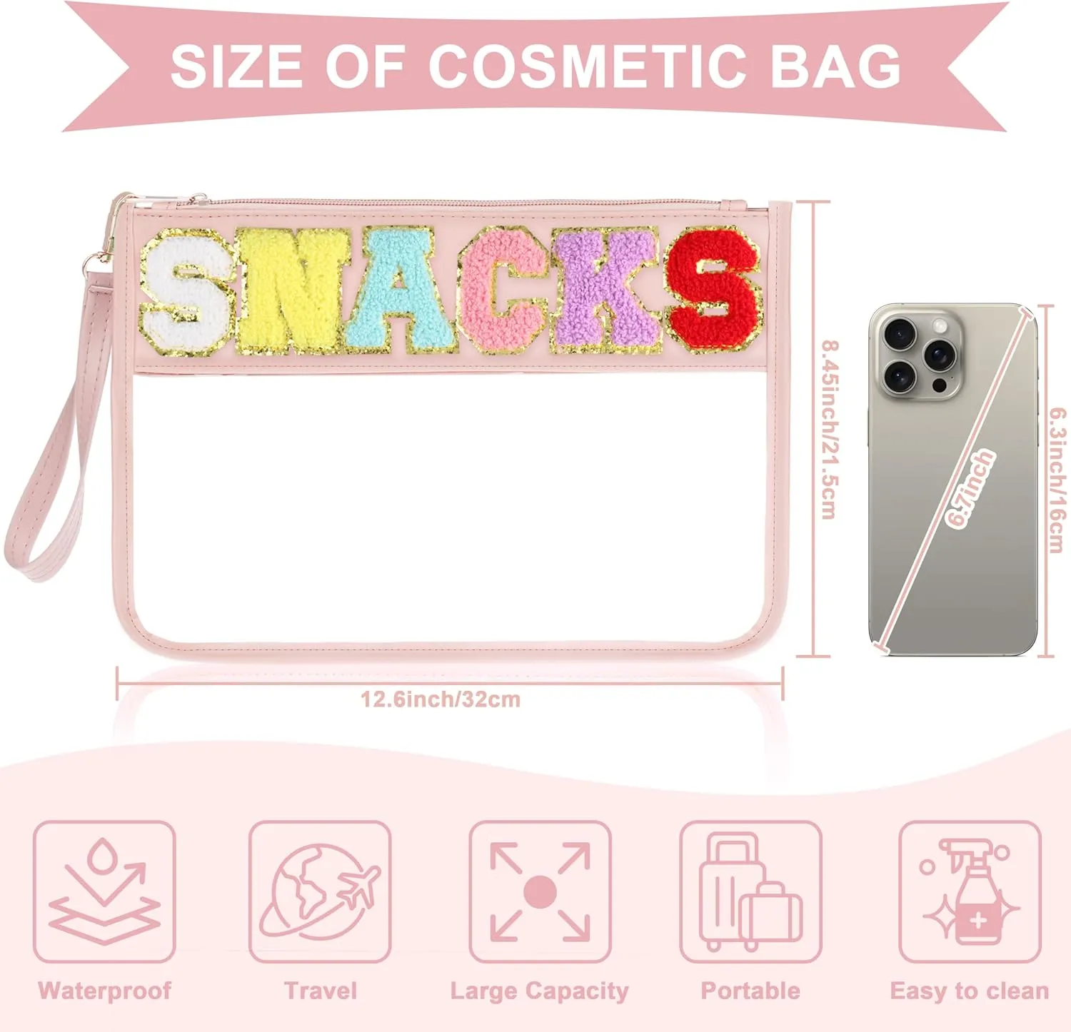 Snack Bag for Travel - Clear Chenille Varsity Letter Flat Pouch with Zipper, Waterproof Clear PVC&PU Preppy Patch Makeup Cosmetic tote Bags for Women (Pinkish-Snack)
