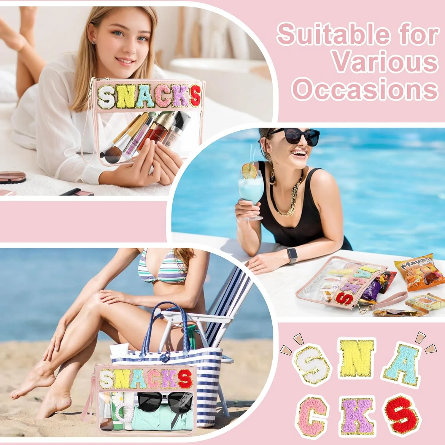 Snack Bag for Travel - Clear Chenille Varsity Letter Flat Pouch with Zipper, Waterproof Clear PVC&PU Preppy Patch Makeup Cosmetic tote Bags for Women (Pinkish-Snack)
