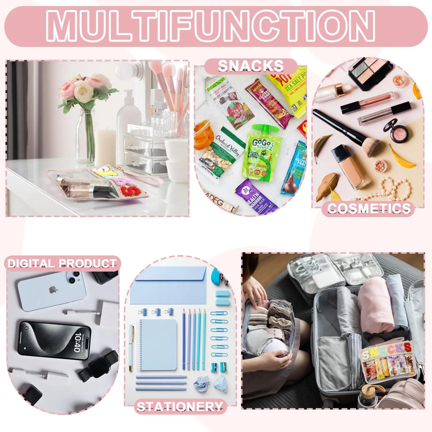 Snack Bag for Travel - Clear Chenille Varsity Letter Flat Pouch with Zipper, Waterproof Clear PVC&PU Preppy Patch Makeup Cosmetic tote Bags for Women (Pinkish-Snack)