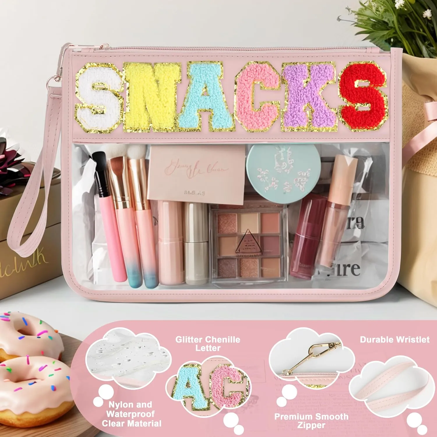 Snack Bag for Travel - Clear Chenille Varsity Letter Flat Pouch with Zipper, Waterproof Clear PVC&PU Preppy Patch Makeup Cosmetic tote Bags for Women (Pinkish-Snack)