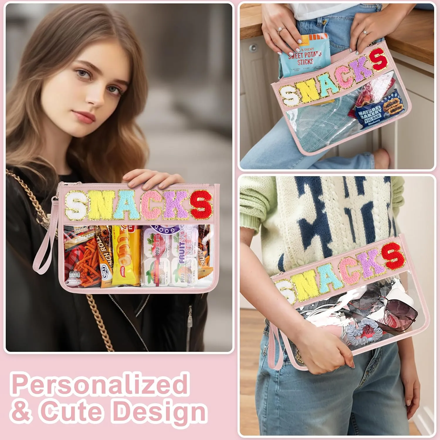 Snack Bag for Travel - Clear Chenille Varsity Letter Flat Pouch with Zipper, Waterproof Clear PVC&PU Preppy Patch Makeup Cosmetic tote Bags for Women (Pinkish-Snack)