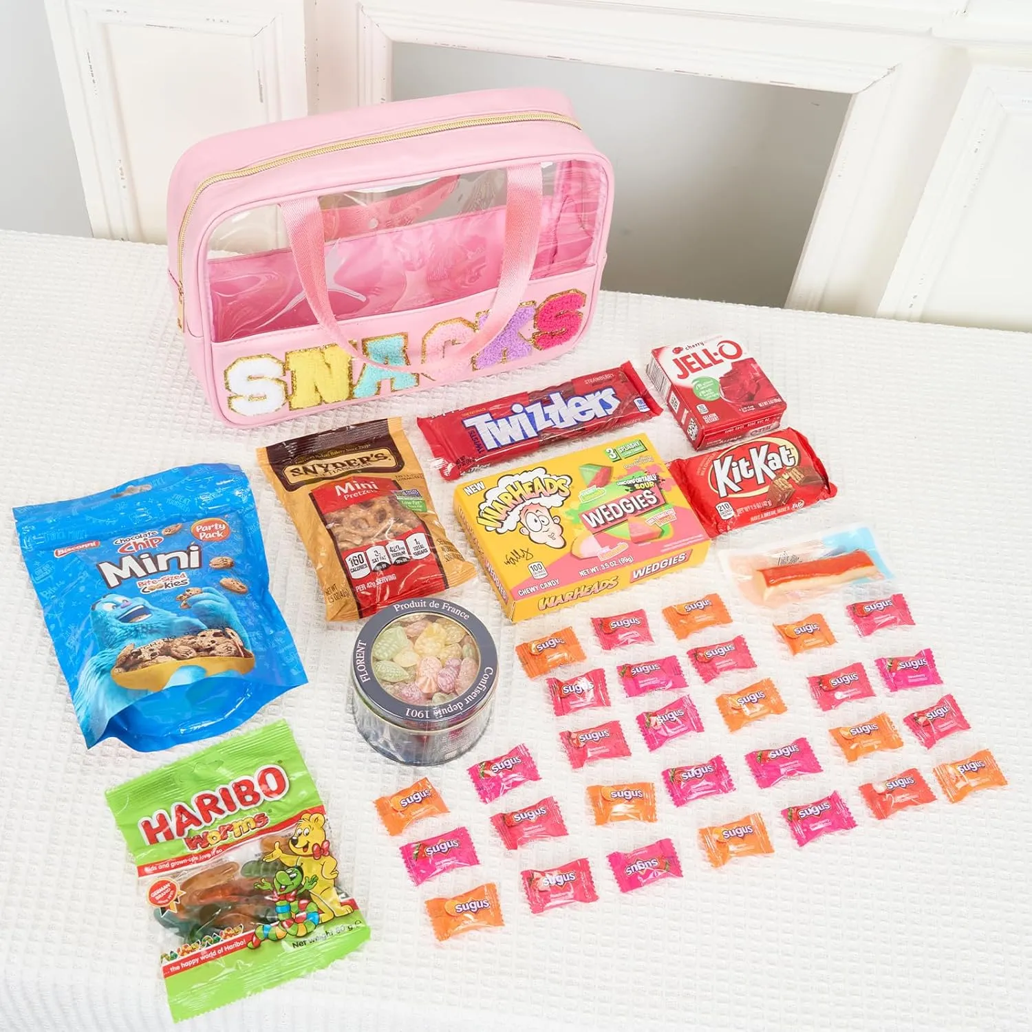 Snack Bags Chenille Letter Clear Makeup Bag Snacks Bags for Travel, Clear Snack Pouch, Preppy Cosmetic Bag, Sunscreen Bag, Travel Toiletry Pouches Cosmetic Pouch for Women and Girls