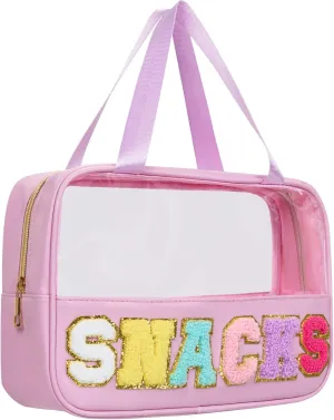 Snack Bags Chenille Letter Clear Makeup Bag Snacks Bags for Travel, Clear Snack Pouch, Preppy Cosmetic Bag, Sunscreen Bag, Travel Toiletry Pouches Cosmetic Pouch for Women and Girls