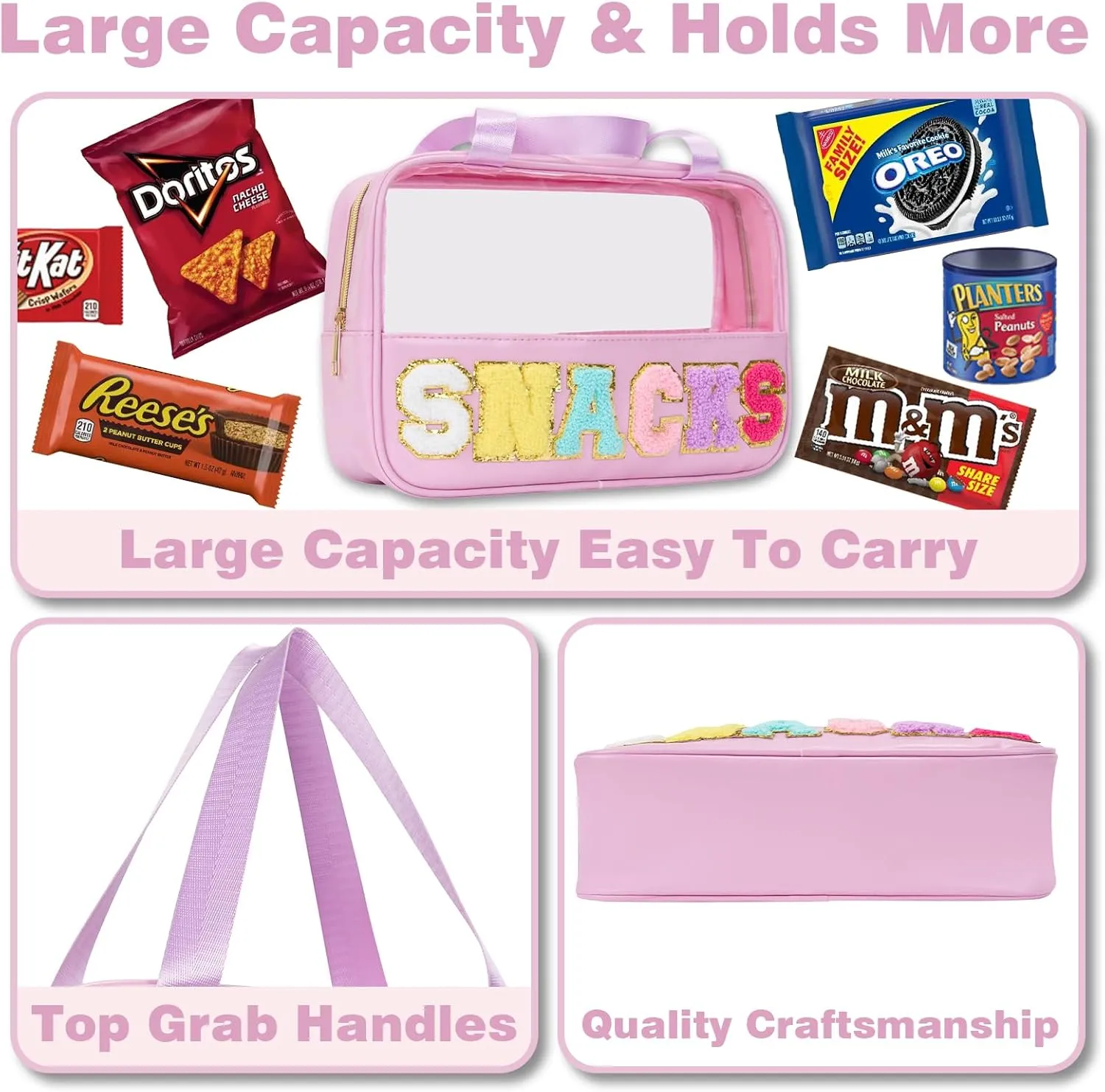 Snack Bags Chenille Letter Clear Makeup Bag Snacks Bags for Travel, Clear Snack Pouch, Preppy Cosmetic Bag, Sunscreen Bag, Travel Toiletry Pouches Cosmetic Pouch for Women and Girls