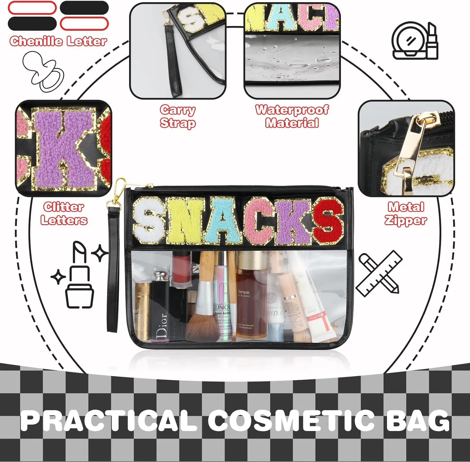 Snacks Bag - Clear Chenille Varsity Letter Flat Pouch with Zipper, Waterproof Clear PVC&PU Preppy Patch Travel Makeup Cosmetic tote Bags for Women Girls (Black2-Snack)