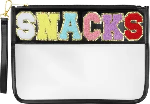 Snacks Bag - Clear Chenille Varsity Letter Flat Pouch with Zipper, Waterproof Clear PVC&PU Preppy Patch Travel Makeup Cosmetic tote Bags for Women Girls (Black2-Snack)