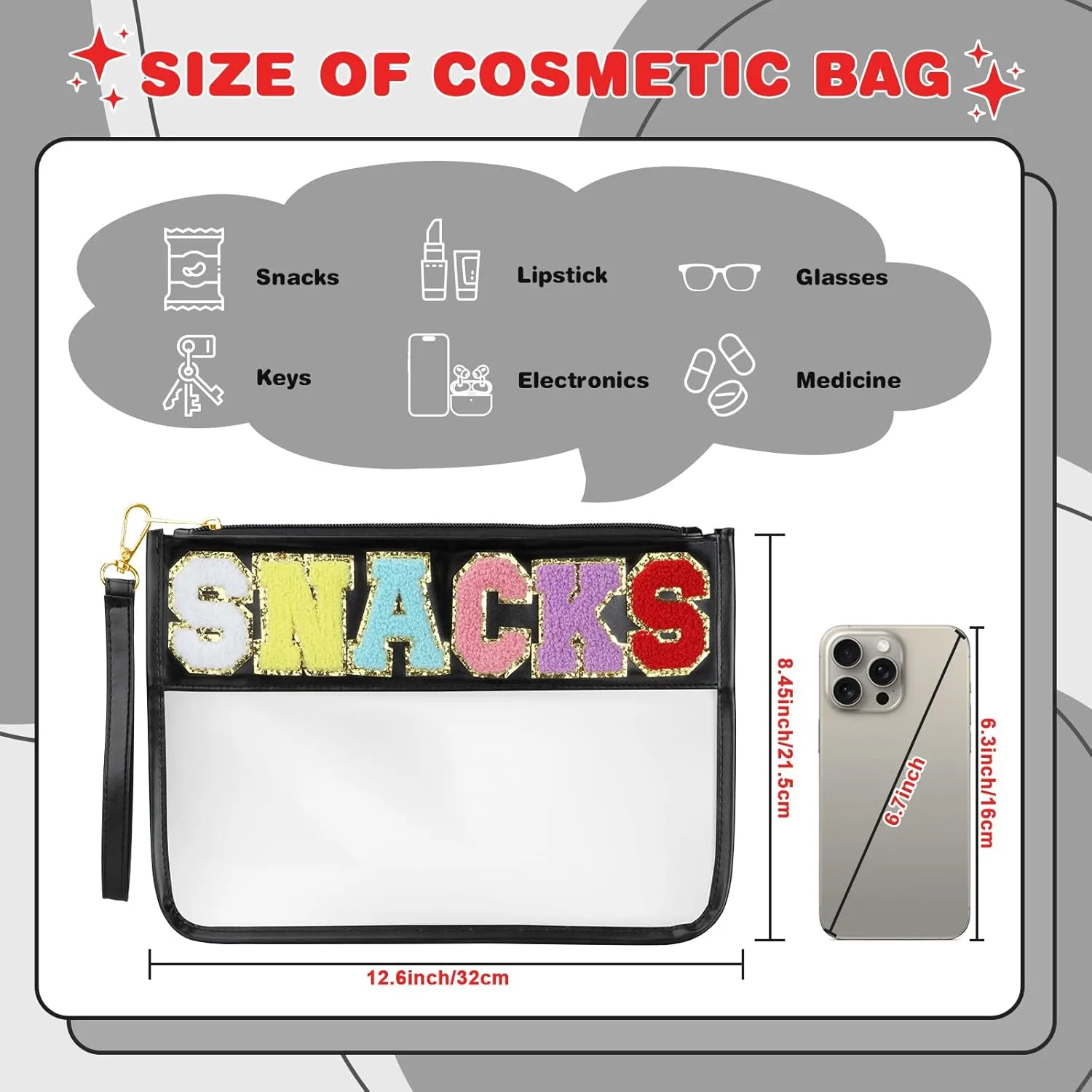 Snacks Bag - Clear Chenille Varsity Letter Flat Pouch with Zipper, Waterproof Clear PVC&PU Preppy Patch Travel Makeup Cosmetic tote Bags for Women Girls (Black2-Snack)