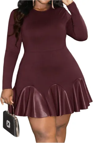 SOLY HUX Women's Plus Size Long Sleeve Ruffle Mini Dress PU Leather Cocktail Party Dresses