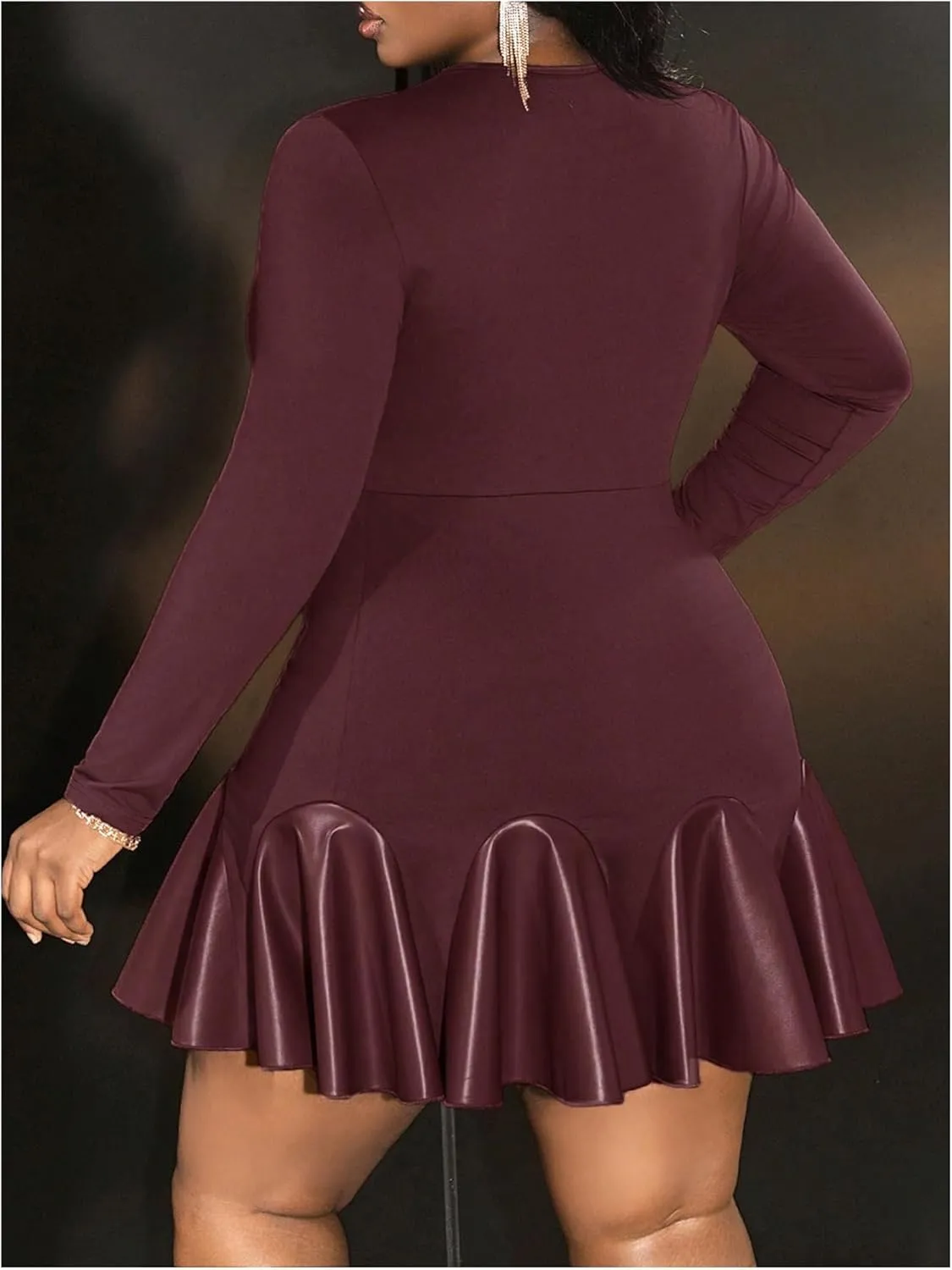 SOLY HUX Women's Plus Size Long Sleeve Ruffle Mini Dress PU Leather Cocktail Party Dresses