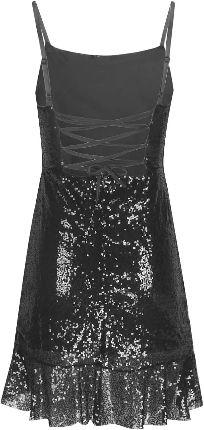 Sparkly Party Dress for Women Sexy Spaghetti Strap Mini Dresses Ruffle Glitter Sling Going Out Short