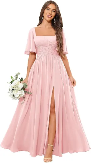 Square Neck Chiffon Bridesmaid Dresses with Slit Flutter Sleeve Long Formal Wedding Guest Dress with Pockets