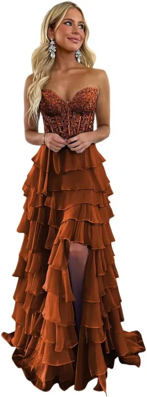 Strapless Lace Corset Prom Dresses with Slit 2025 Chiffon Tiered Ball Gowns Long Formal Evening Gowns XOD0446